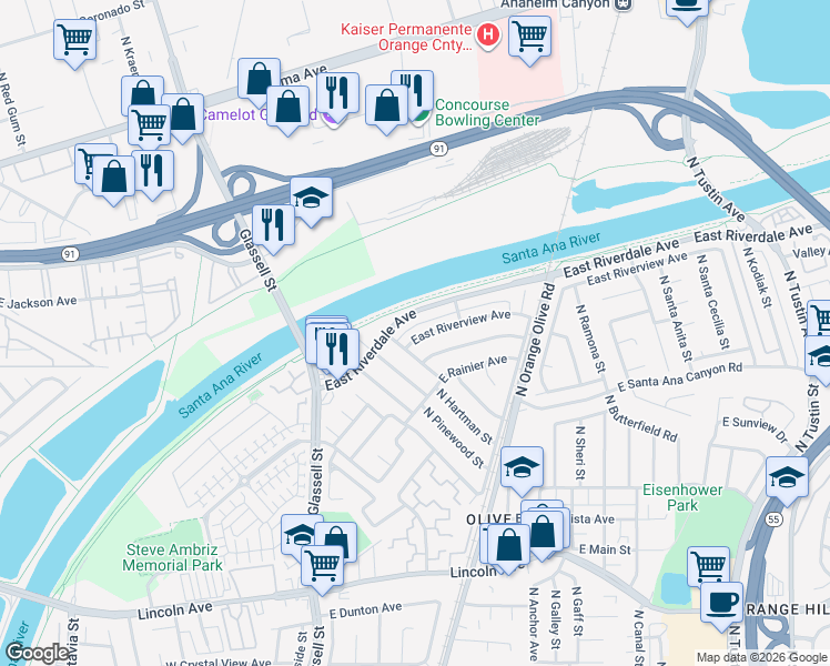 map of restaurants, bars, coffee shops, grocery stores, and more near 410 East Riverdale Avenue in Orange