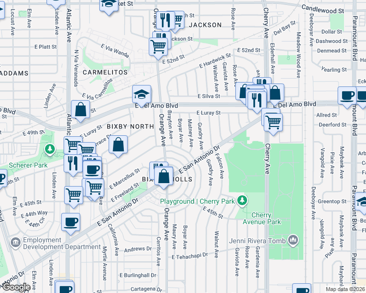 map of restaurants, bars, coffee shops, grocery stores, and more near 4743 Matney Avenue in Long Beach