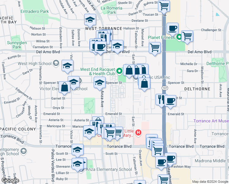map of restaurants, bars, coffee shops, grocery stores, and more near 4432 Spencer Street in Torrance