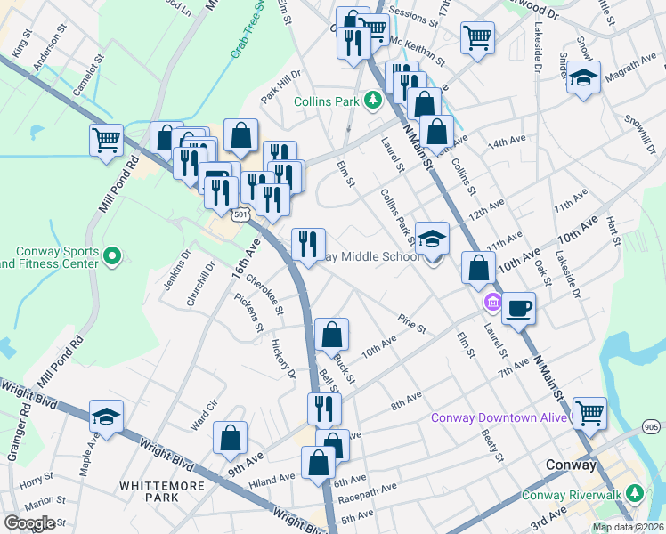 map of restaurants, bars, coffee shops, grocery stores, and more near 1245 Barker Street in Conway