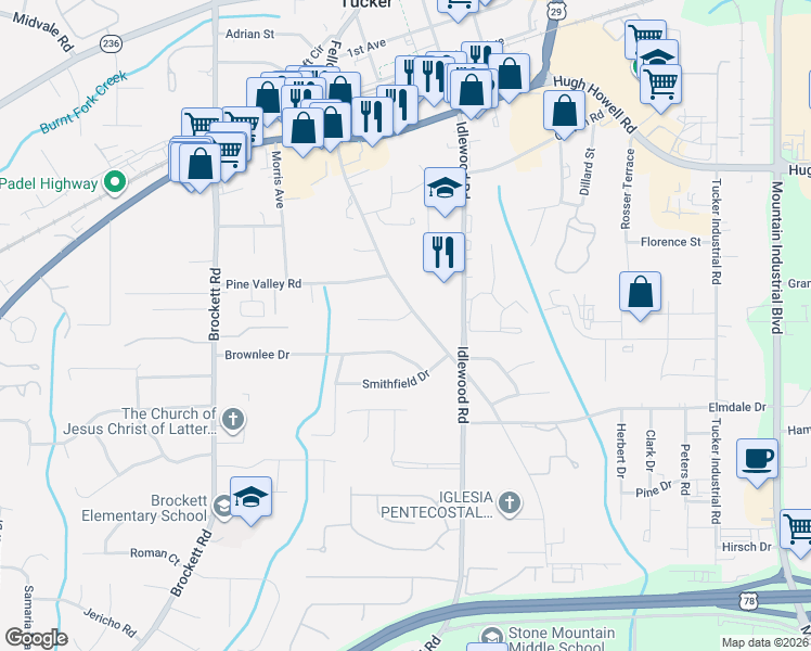 map of restaurants, bars, coffee shops, grocery stores, and more near 2066 Fellowship Road in Tucker