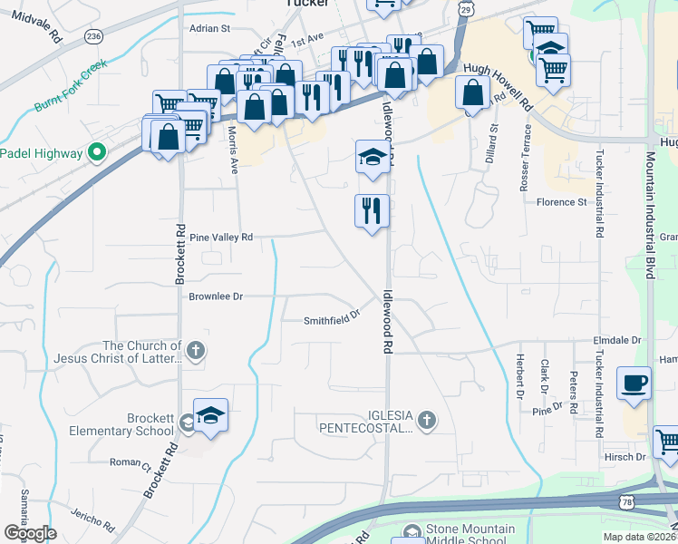 map of restaurants, bars, coffee shops, grocery stores, and more near 2066 Fellowship Road in Tucker