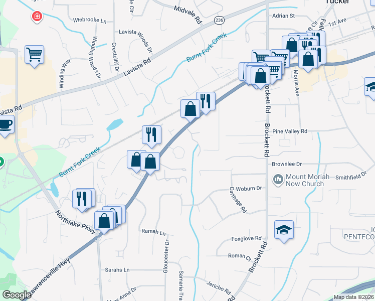 map of restaurants, bars, coffee shops, grocery stores, and more near 3607 Woodbriar Circle in Tucker