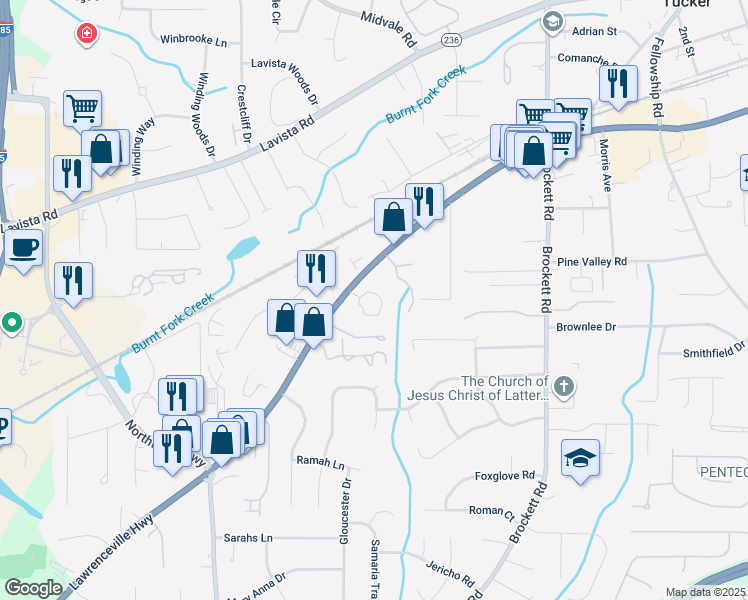 map of restaurants, bars, coffee shops, grocery stores, and more near in Tucker