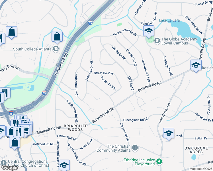 map of restaurants, bars, coffee shops, grocery stores, and more near 2062 Valiant Drive Northeast in Atlanta