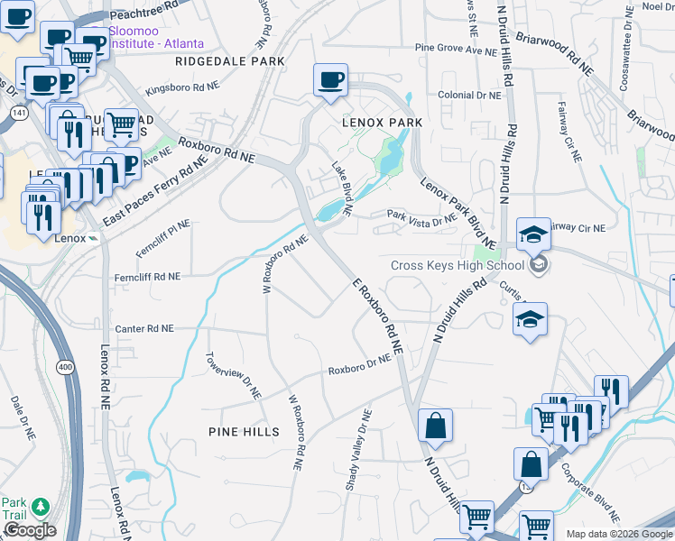 map of restaurants, bars, coffee shops, grocery stores, and more near 2087 East Roxboro Road Northeast in Atlanta