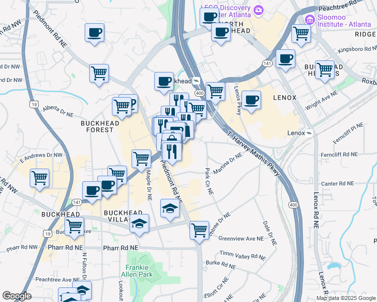 map of restaurants, bars, coffee shops, grocery stores, and more near in Atlanta