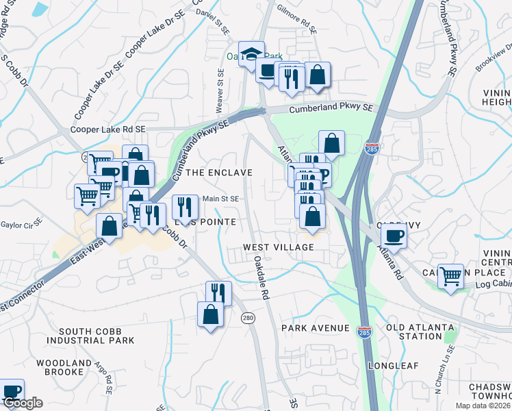 map of restaurants, bars, coffee shops, grocery stores, and more near 4564 Nickajack Drive Southeast in Smyrna