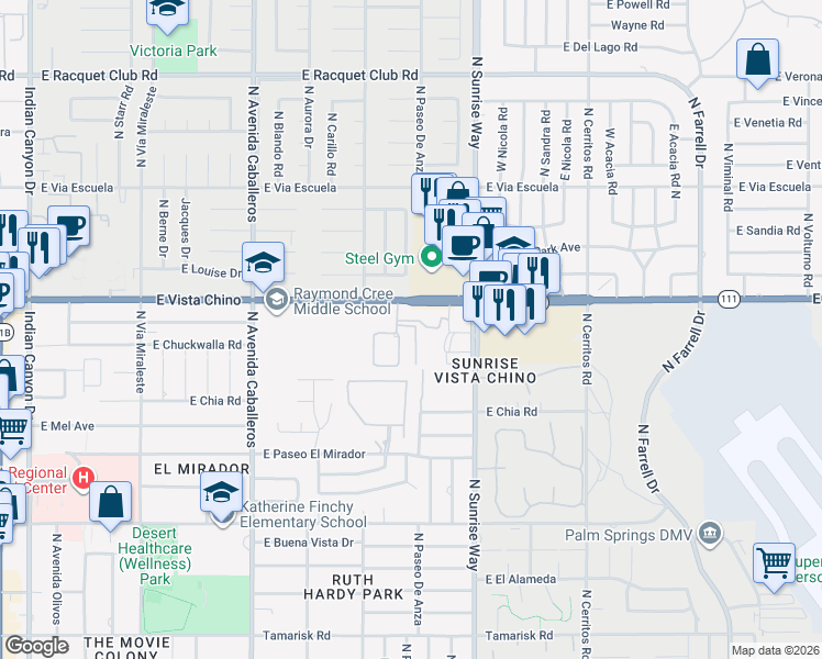map of restaurants, bars, coffee shops, grocery stores, and more near 1207 East Vista Chino in Palm Springs