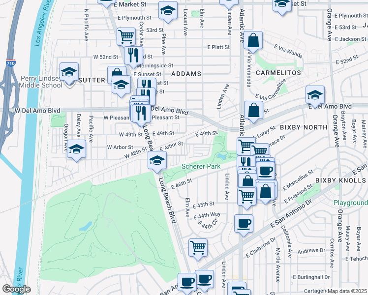 map of restaurants, bars, coffee shops, grocery stores, and more near 300 East Arbor Street in Long Beach