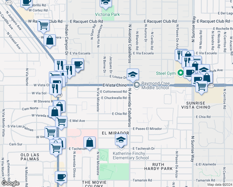 map of restaurants, bars, coffee shops, grocery stores, and more near 807 East Cottonwood Road in Palm Springs