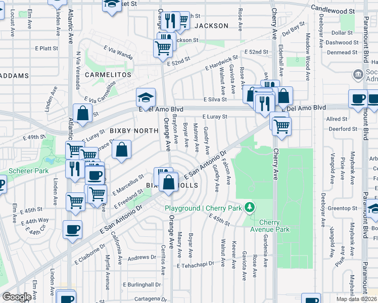 map of restaurants, bars, coffee shops, grocery stores, and more near 4743 Matney Avenue in Long Beach