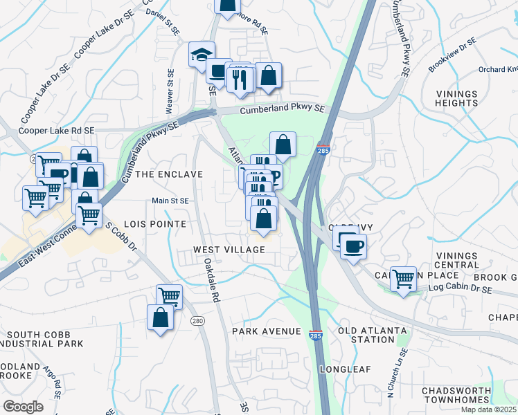 map of restaurants, bars, coffee shops, grocery stores, and more near 4495 Hill Street in Smyrna