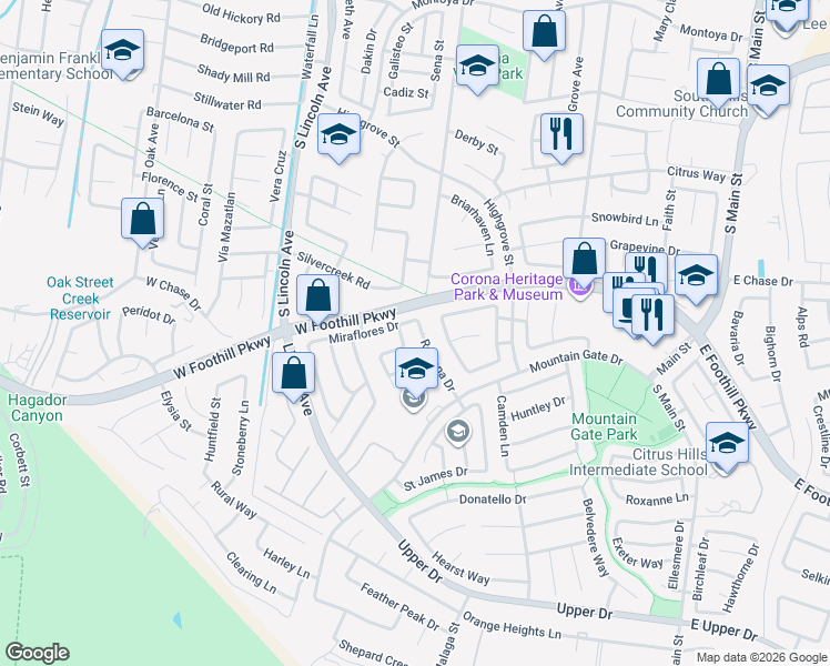 map of restaurants, bars, coffee shops, grocery stores, and more near 3140 Rowena Drive in Corona