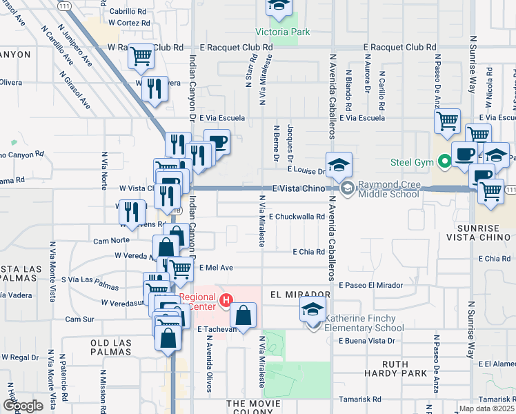 map of restaurants, bars, coffee shops, grocery stores, and more near 585 East Cottonwood Road in Palm Springs