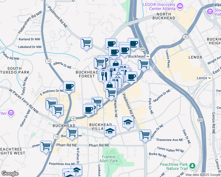 map of restaurants, bars, coffee shops, grocery stores, and more near 3242 Peachtree Road in Atlanta