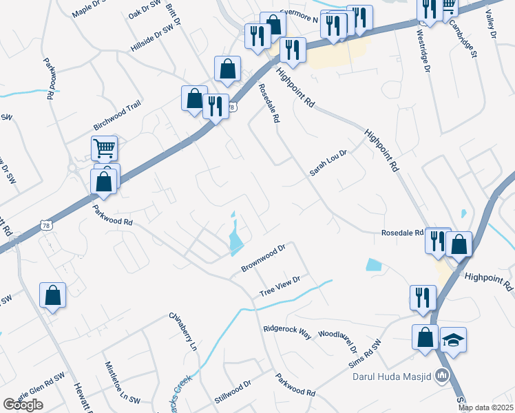 map of restaurants, bars, coffee shops, grocery stores, and more near 2330 Boone Place in Snellville