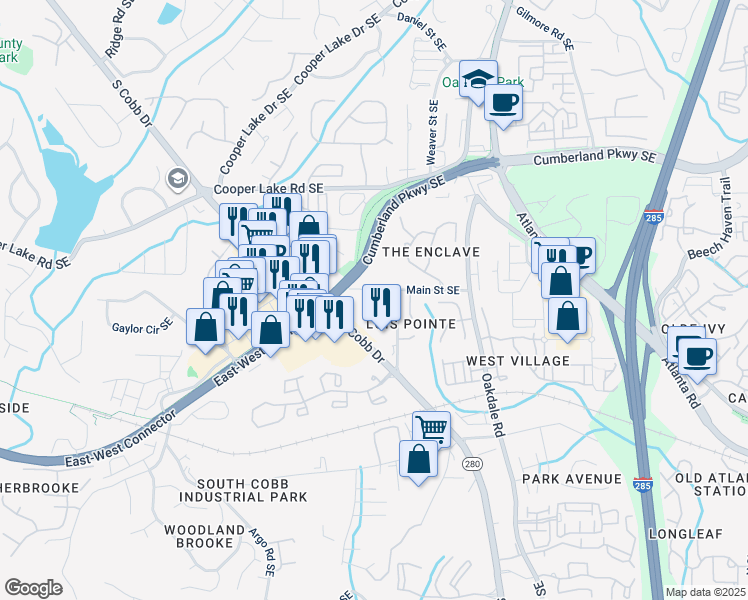 map of restaurants, bars, coffee shops, grocery stores, and more near 4581 South Cobb Drive Southeast in Smyrna