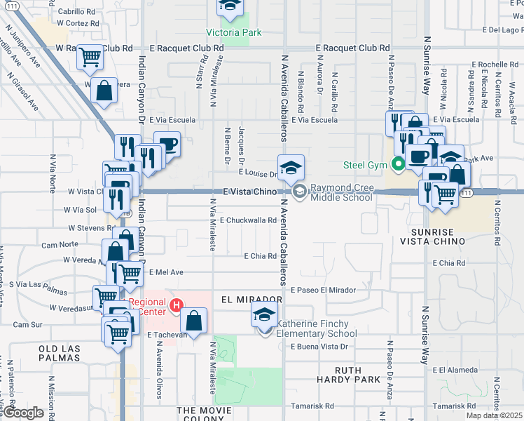 map of restaurants, bars, coffee shops, grocery stores, and more near 920 East Cottonwood Road in Palm Springs