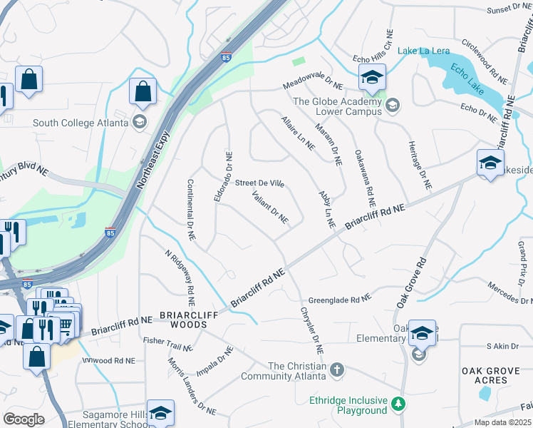 map of restaurants, bars, coffee shops, grocery stores, and more near 2062 Valiant Drive Northeast in Atlanta