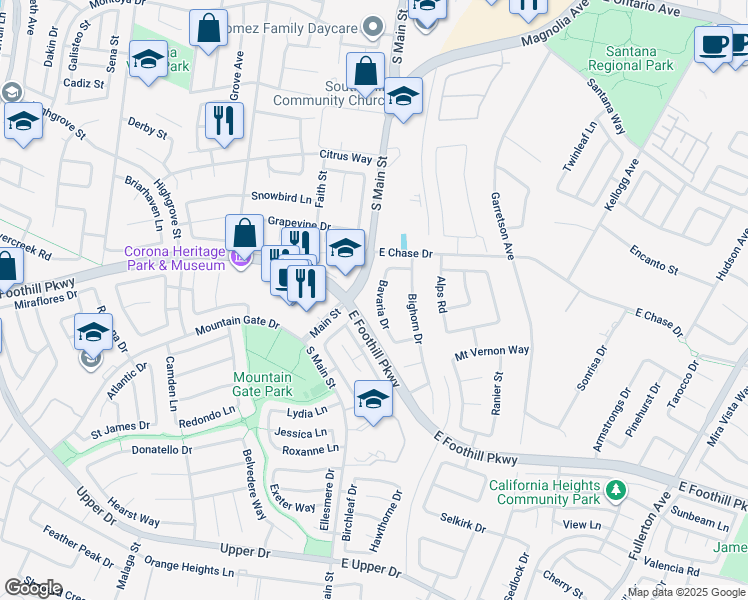 map of restaurants, bars, coffee shops, grocery stores, and more near 2990 Bavaria Drive in Corona