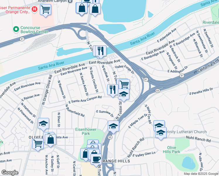 map of restaurants, bars, coffee shops, grocery stores, and more near 209 North Kodiak Street in Anaheim