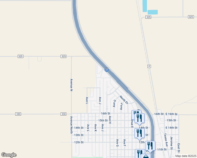 map of restaurants, bars, coffee shops, grocery stores, and more near 1705 Avenue J in Abernathy