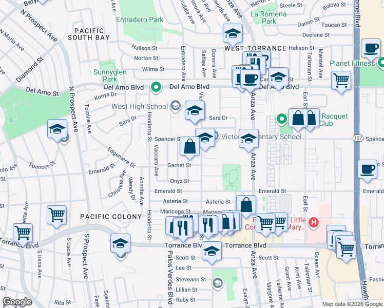 map of restaurants, bars, coffee shops, grocery stores, and more near 20505 Entradero Avenue in Torrance