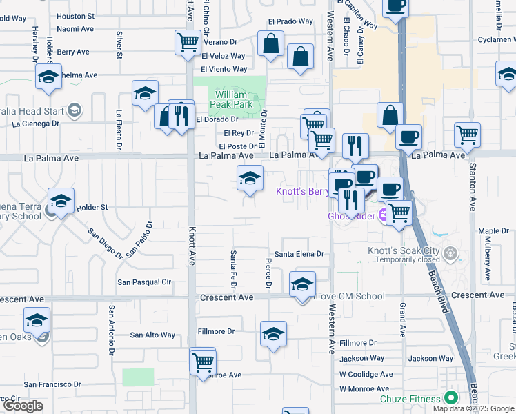 map of restaurants, bars, coffee shops, grocery stores, and more near 8230 Santa Inez Place in Buena Park