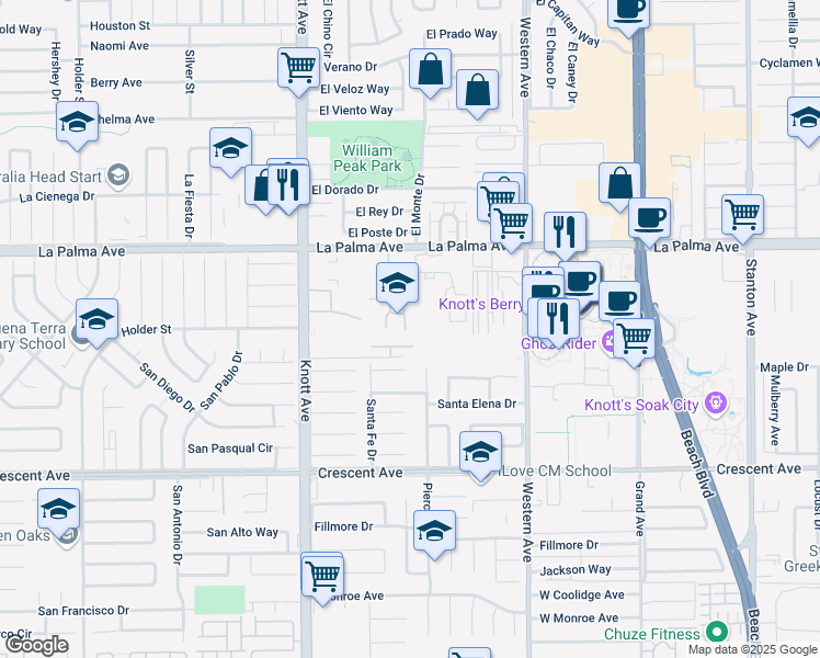 map of restaurants, bars, coffee shops, grocery stores, and more near 8230 Santa Inez Place in Buena Park