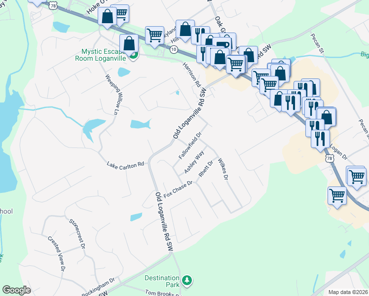 map of restaurants, bars, coffee shops, grocery stores, and more near 740 Fallowfield Drive in Loganville