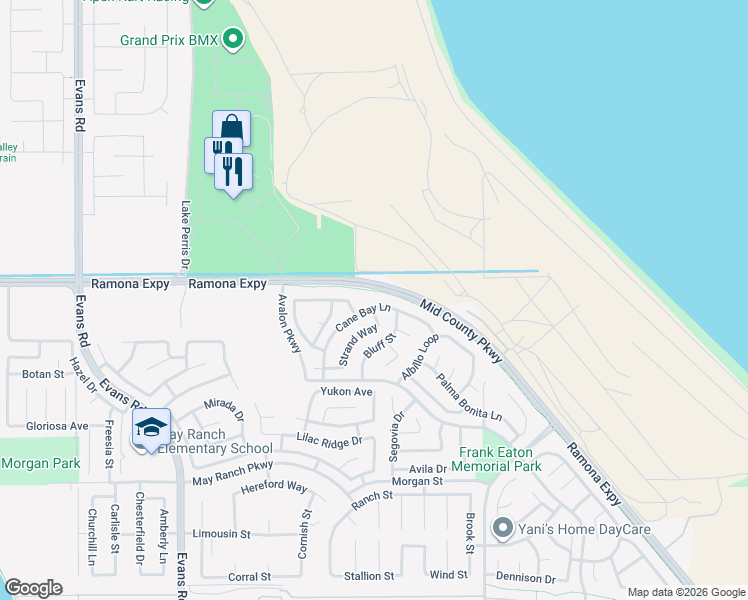map of restaurants, bars, coffee shops, grocery stores, and more near 1252 Reisling Drive in Perris