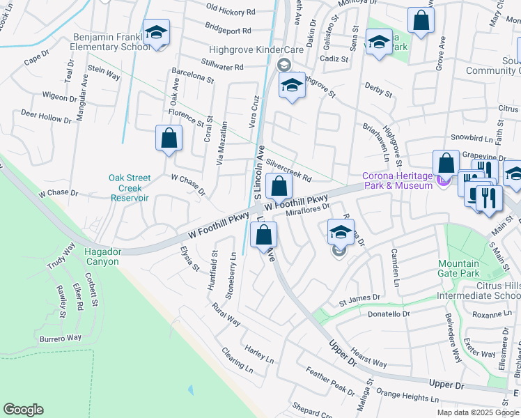 map of restaurants, bars, coffee shops, grocery stores, and more near West Foothill Parkway & Lincoln Avenue in Corona
