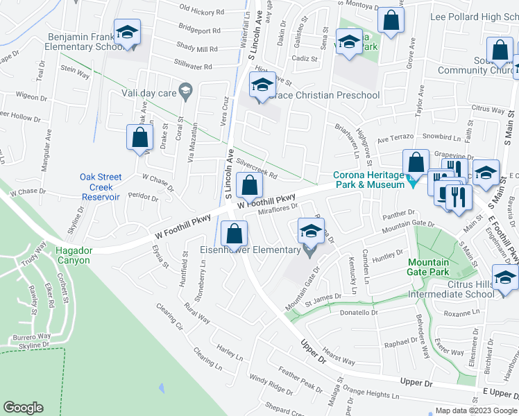 map of restaurants, bars, coffee shops, grocery stores, and more near 1027 Miraflores Drive in Corona