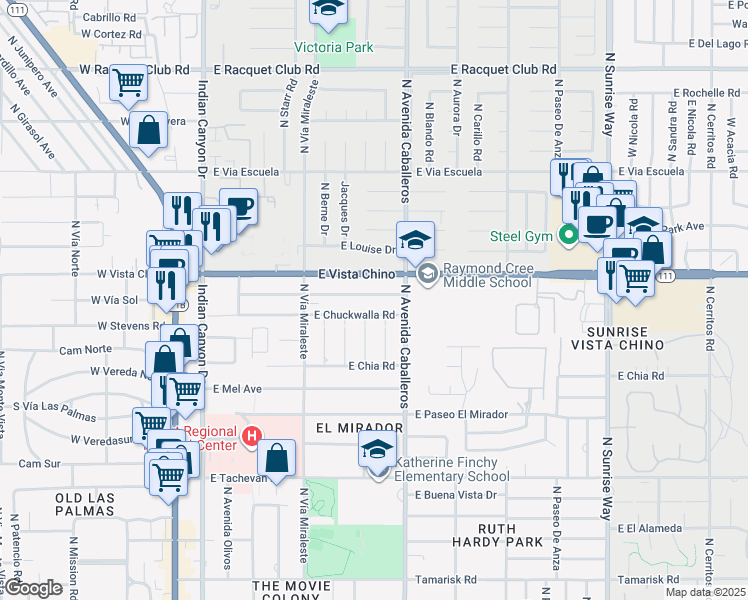 map of restaurants, bars, coffee shops, grocery stores, and more near 877 East Cottonwood Road in Palm Springs