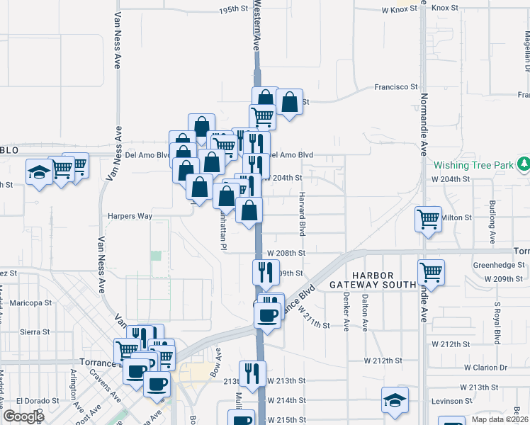 map of restaurants, bars, coffee shops, grocery stores, and more near 20526 South Western Avenue in Torrance