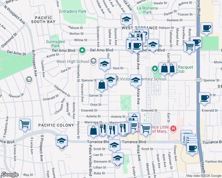 map of restaurants, bars, coffee shops, grocery stores, and more near 4820 Spencer Street in Torrance