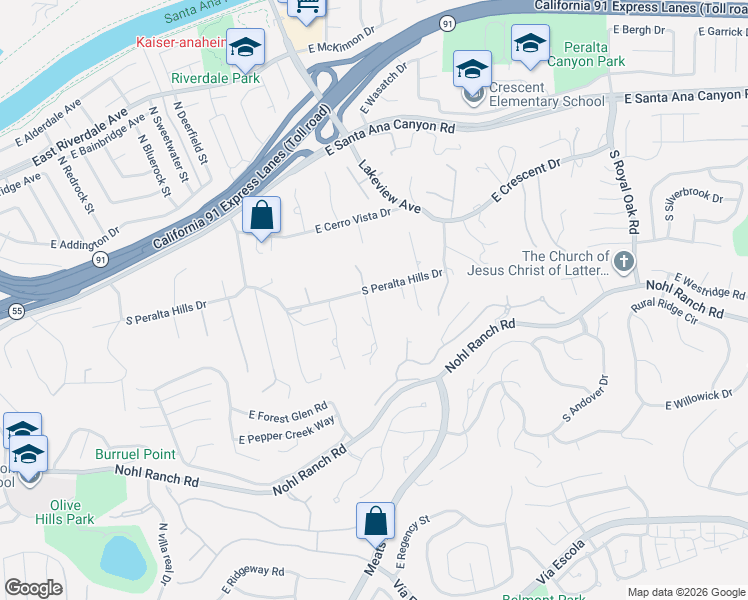 map of restaurants, bars, coffee shops, grocery stores, and more near 681 South Peralta Hills Drive in Anaheim