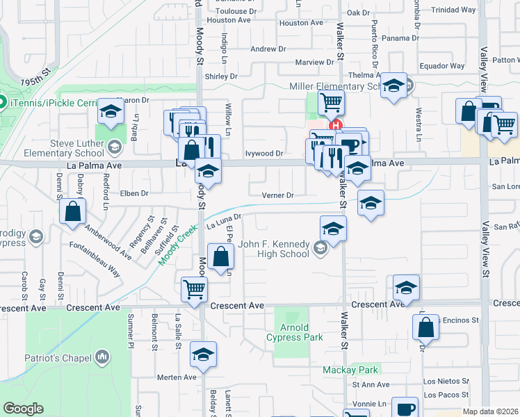 map of restaurants, bars, coffee shops, grocery stores, and more near 5201 La Luna Drive in La Palma