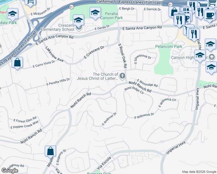 map of restaurants, bars, coffee shops, grocery stores, and more near 415 South Brook Lane in Anaheim
