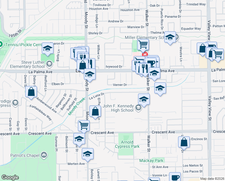 map of restaurants, bars, coffee shops, grocery stores, and more near 5201 La Luna Drive in La Palma