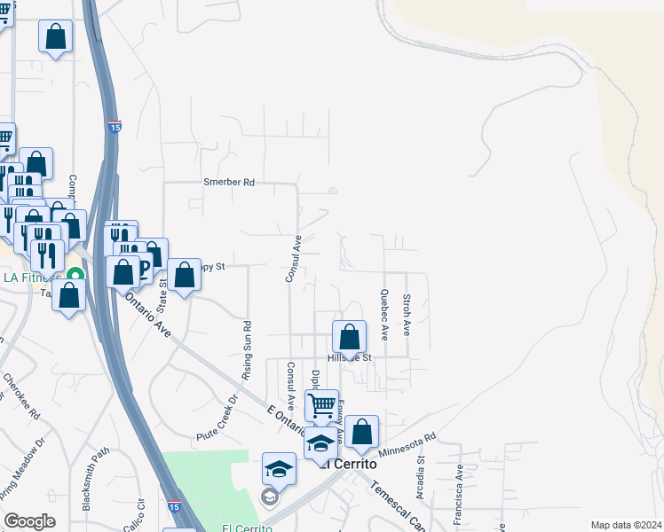map of restaurants, bars, coffee shops, grocery stores, and more near Poppy Street in Corona