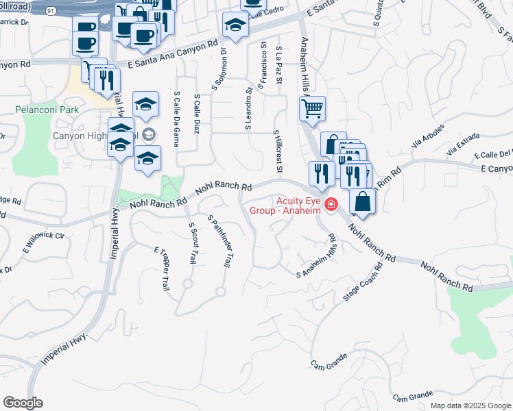 map of restaurants, bars, coffee shops, grocery stores, and more near 6015 East Brighton Lane in Anaheim