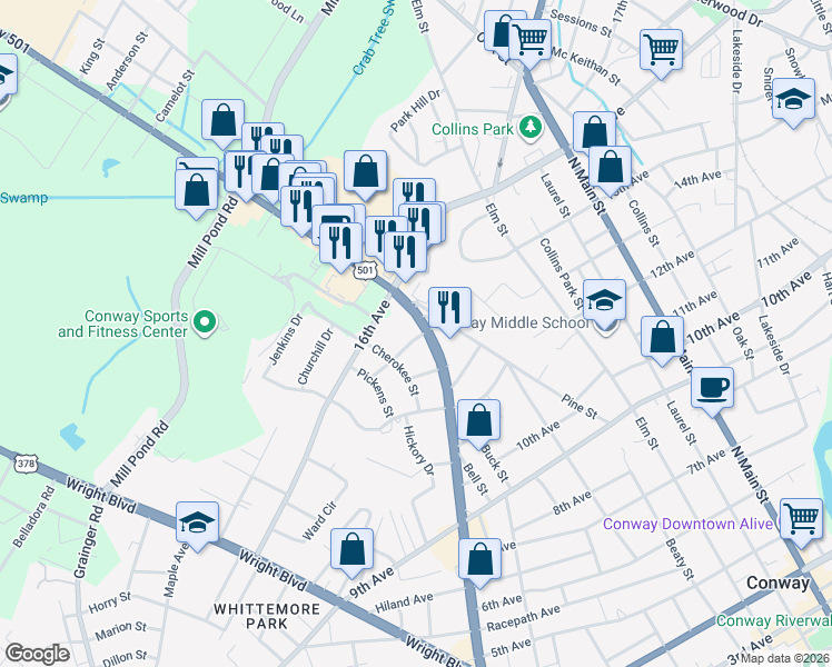 map of restaurants, bars, coffee shops, grocery stores, and more near 1447 Church Street in Conway