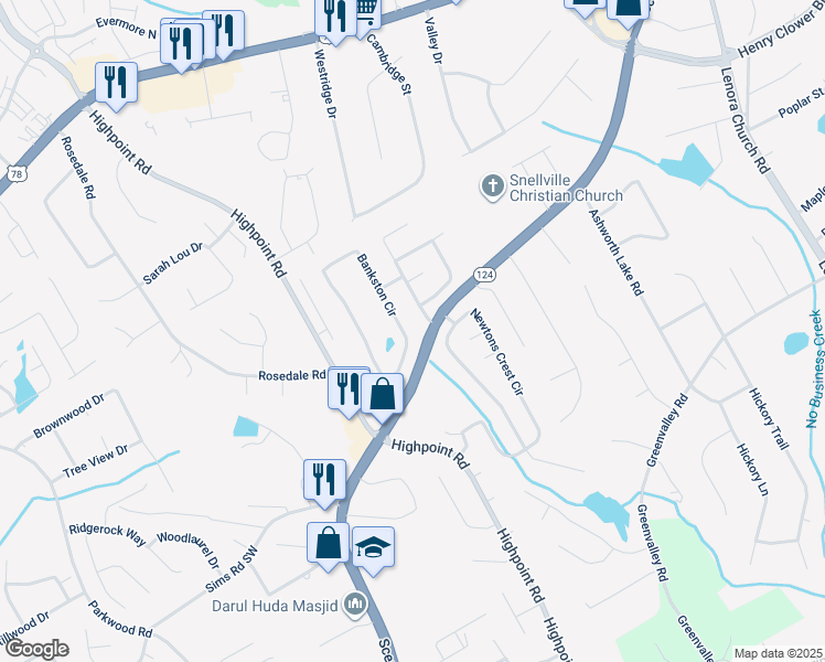 map of restaurants, bars, coffee shops, grocery stores, and more near 2041 Bankston Circle in Snellville