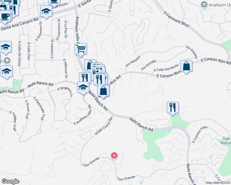 map of restaurants, bars, coffee shops, grocery stores, and more near 515 South Ranch View Circle in Anaheim