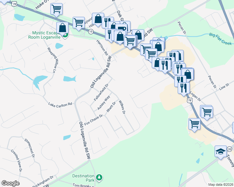 map of restaurants, bars, coffee shops, grocery stores, and more near 708 Wilkes Drive in Loganville