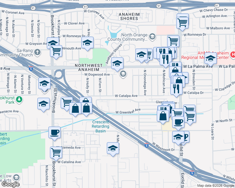 map of restaurants, bars, coffee shops, grocery stores, and more near 1952 West La Palma Avenue in Anaheim