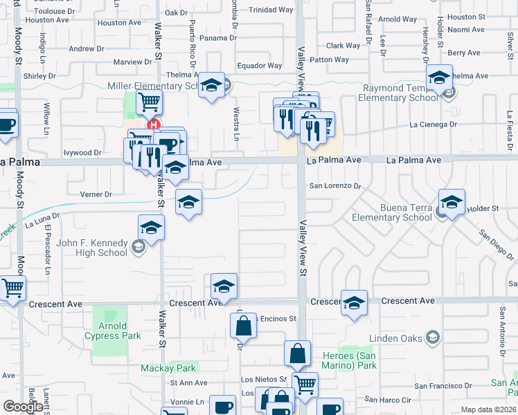map of restaurants, bars, coffee shops, grocery stores, and more near 5796 Los Arcos Way in Buena Park