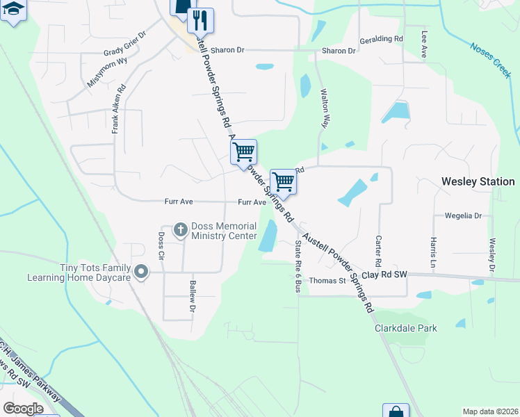 map of restaurants, bars, coffee shops, grocery stores, and more near 3825 Furr Avenue in Powder Springs